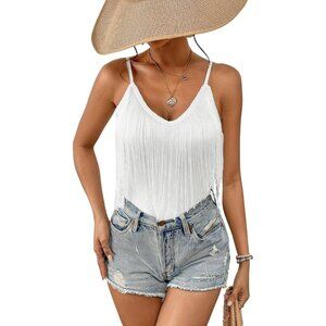 Women's White Fringe Tank Top Western Festival Clothing Cowgirl V Neck Outfits